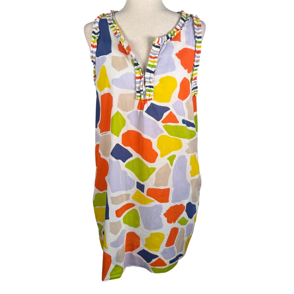 Gretchen Scott Abstract Print Shift Dress Womens Large Multicolor Cotton Ruffle